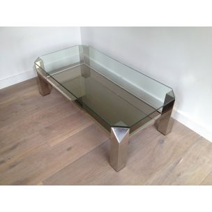 Vintage glass coffee table with chrome base, 1970