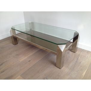 Mesa de centro de cristal vintage con base cromada, 1970