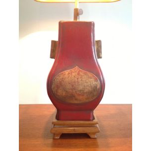 Lampada vintage in lacca rossa e oro, Francia 1960