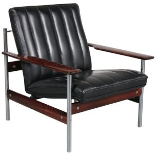 Vintage 1001 AF armchair for Dokka Möbler in black leather and rosewood 1950s