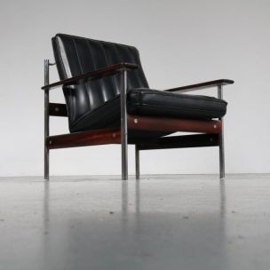 Vintage fauteuil 1001 AF voor Dokka Möbler in zwart leer en rozenhout 1950