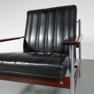 Vintage fauteuil 1001 AF voor Dokka Möbler in zwart leer en rozenhout 1950