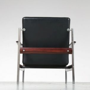 Fauteuil vintage 1001 AF pour Dokka Möbler en cuir noir et palissandre 1950