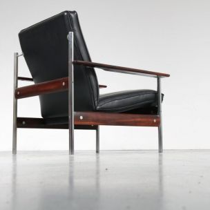 Vintage fauteuil 1001 AF voor Dokka Möbler in zwart leer en rozenhout 1950