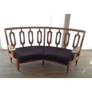 Banquette vintage française en laine et bois 1960