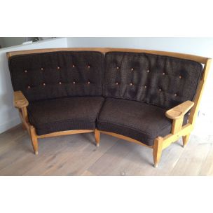 Banquette vintage française en laine et bois 1960