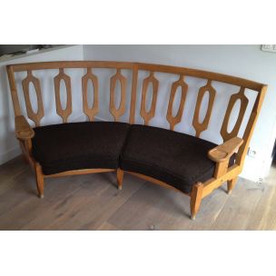 Banquette vintage française en laine et bois 1960