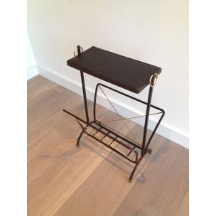 Vintage black metal and brass magazine rack, 1950