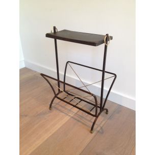 Vintage black metal and brass magazine rack, 1950