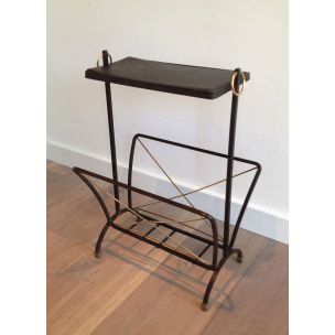 Vintage black metal and brass magazine rack, 1950