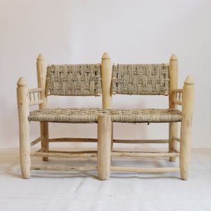 Moroccan vintage bench in wood and rope