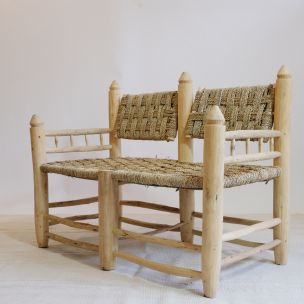 Moroccan vintage bench in wood and rope