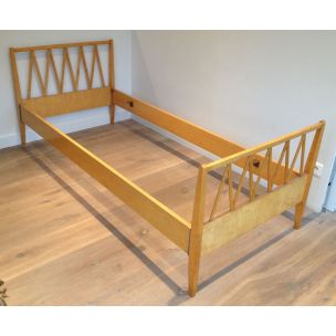 Vintage bed in light wood France 1940s