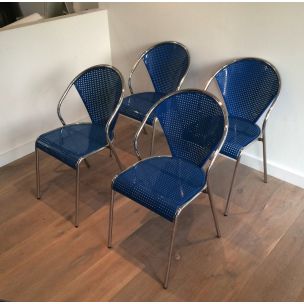 Suite von 4 verchromten Vintage-Stühlen mit perforierten Sitzflächen aus blauem Metall 1980s