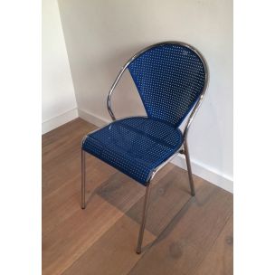 Set of 4 vintage chairs in chrome with perforated blue metal 1980s
