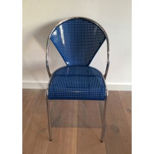 Set of 4 vintage chairs in chrome with perforated blue metal 1980s