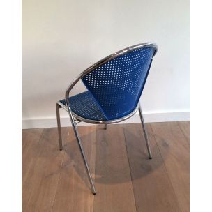 Set of 4 vintage chairs in chrome with perforated blue metal 1980s