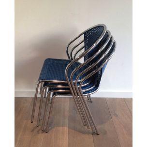 Set of 4 vintage chairs in chrome with perforated blue metal 1980s