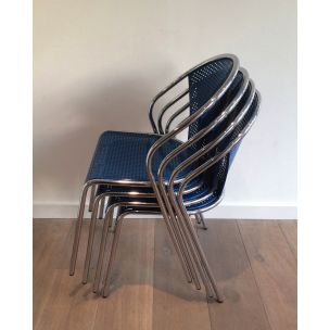 Juego de 4 sillas cromadas vintage con asientos de metal perforado años 80