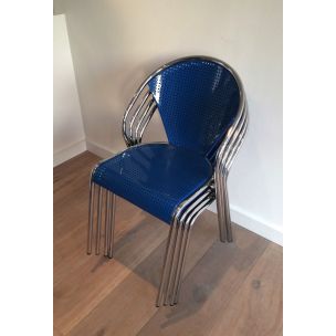 Set of 4 vintage chairs in chrome with perforated blue metal 1980s