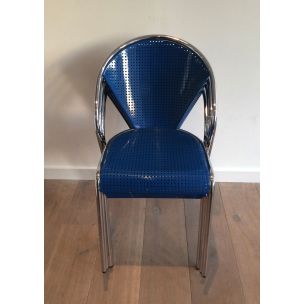 Set of 4 vintage chairs in chrome with perforated blue metal 1980s