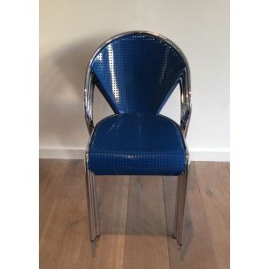 Suite de 4 chaises vintage chromées à assises perforées en métal bleu 1980s
