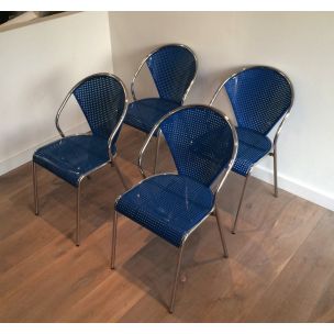 Set of 4 vintage chairs in chrome with perforated blue metal 1980s