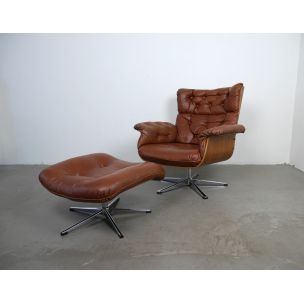 Fauteuil vintage allemande et son tabouret en cuir marron 1960