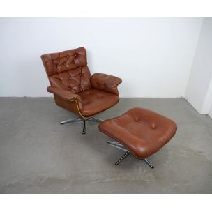 Vintage german lounge chair and ottoman in brown leather 1960s