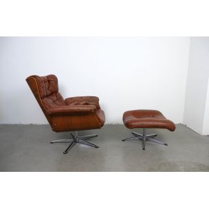 Vintage german lounge chair and ottoman in brown leather 1960s