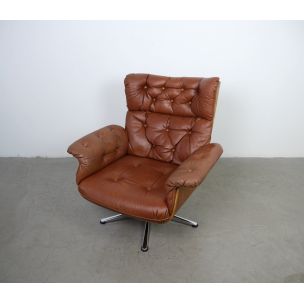 Vintage german lounge chair and ottoman in brown leather 1960s