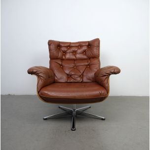 Vintage german lounge chair and ottoman in brown leather 1960s