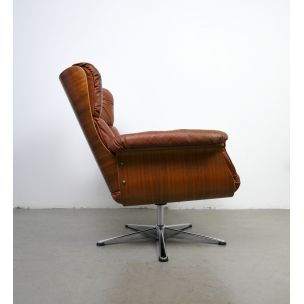 Fauteuil vintage allemande et son tabouret en cuir marron 1960