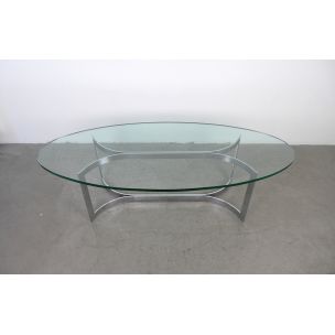 Table basse vintage ovale en verre avec un cadre chromé, Allemagne, années 70