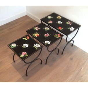 Vintage nesting tables in ceramic and metal 1950s 