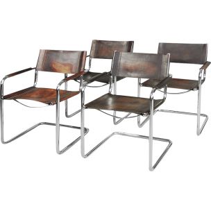 Set van 4 vintage Italiaanse Bauhaus Mg5 fauteuils in stalen buizen en gepatineerd leer door Matteo Grassi, 1960