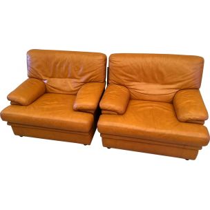 Pair of vintage armchairs leather France 80s