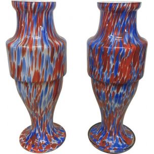 Set of 2 vintage vases red and blue opaline Murano 1970s