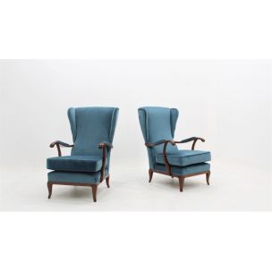 Paar Vintage-Sessel in Samt von Paolo Buffa azurblau,1940