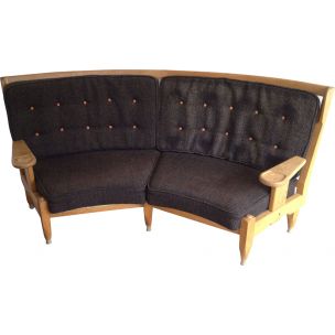 Banquette vintage française en laine et bois 1960