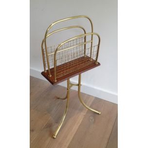 Vintage wood and brass magazine rack, 1960