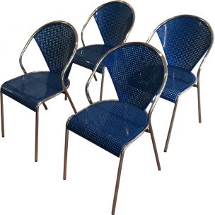 Suite von 4 verchromten Vintage-Stühlen mit perforierten Sitzflächen aus blauem Metall 1980s