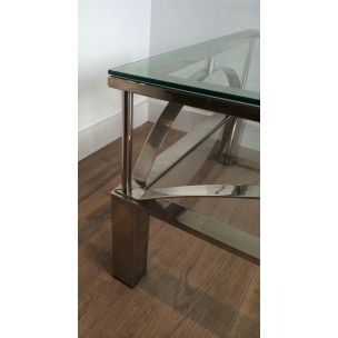 Table basse vintage en verre et chrome, 1960
