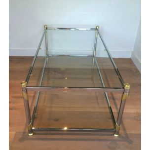 Table basse vintage en métal doré et verre, 1970
