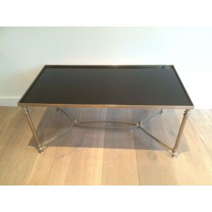 Mesa de café de prata Vintage com tampo de vidro preto lacado, 1940