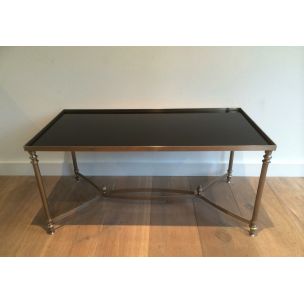 Tavolino vintage in argento con piano in vetro laccato nero, 1940