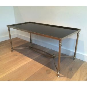 Vintage silver coffee table with black lacquered glass top, 1940