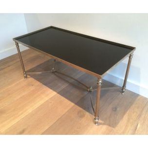 Tavolino vintage in argento con piano in vetro laccato nero, 1940