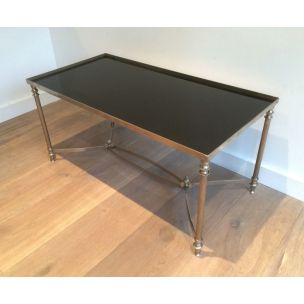 Vintage silver coffee table with black lacquered glass top, 1940