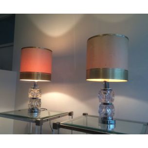 Paar vintage glazen en chromen tafellampen, 1960